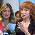Comedian Kathy Griffin (right) speaks along with her attorney Lisa Bloom during a news conference Friday, June 2, in Los Angeles, to discuss the backlash since Griffin released a photo and video of her displaying a likeness of President Donald Trump&rsquo;s severed head. (AP Photo/Mark J. Terrill)