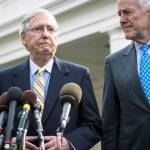 Senate Majority Leader Mitch McConnell of Kentucky (left) and Senate Majority Whip Sen. John Cornyn, R-Texas, speak with reporters outside of the White House after they and other Senate Republicans had a meeting with President Trump on Tuesday. (Jabin Botsford / The Washington Post)
