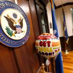 A balloon and card from the office of Sen. Bill Cassidy, R-La., is seen tied to the door of the closed office of Rep. Steve Scalise, R-La., in Metairie, Louisiana, on June 14. Scalise was shot while practicing with fellow lawmakers for a congressional baseball game in Alexandria, Virginia. (AP Photo/Gerald Herbert)