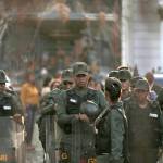 Venezuelan Bolivarian National Guard soldiers dressed in riot gear lineup inside of National Assembly building in Caracas, Venezuela, on Tuesday, June 27. (AP Photo/Fernando Llano)