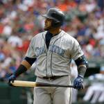 The Mariners&rsquo; Nelson Cruz looks to the outfield after striking out against the Rangers in the third inning of a game June 17, 2017, in Arlington, Texas. (AP Photo/Tony Gutierrez)