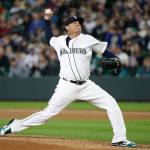 Mariners starting pitcher Felix Hernandez in action against the Marlins on April 19, 2017, in Seattle. (AP Photo/Elaine Thompson)