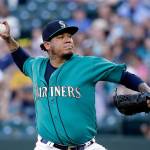 Mariners starting pitcher Felix Hernandez throws to the Astros during the first inning of a game June 23, 2017, in Seattle. (AP Photo/Elaine Thompson)