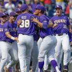 LSU players celebrate with closing pitcher Zack Hess (38) after the last out against Oregon State in an NCAA College World Series elimination game on June 24, 2017, in Omaha, Neb. (AP Photo/Nati Harnik)
