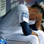 Mariners pitcher Edwin Diaz sits in the dugout after he was pulled from a game against the Phillies in the ninth inning on June 28, 2017, in Seattle. (AP Photo/Ted S. Warren)