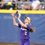 University of Washington outfielder Trysten Melhart, a graduate of Snohomish High School, catches a flyball during one of the Huskies&rsquo; games at the recent Women&rsquo;s College World Series. (University of Washington photo)