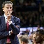 In this photo from Jan. 4, 2017, Louisville head coach Rick Pitino looks on as his team falls behind late in the second half of a game against Notre Dame in South Bend, Indiana. (AP Photo/Robert Franklin, File)