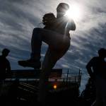 Members of the pitching core warm up during the Aquasox&rsquo;s first day of training at Everett Memorial Stadium in Everett on June 11, 2017. (Kevin Clark / The Herald)