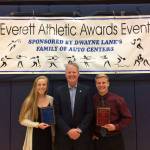 Provided photo                                Marlena Urvater (left) and Jacob Elenbaas (right) pose with their awards at the Dwayne Lane Athlete of the Year Awards Banquet on Thursday at Everett High School.