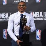 NBA Most Valuable Player, Best Style & Game Winner Award winner, Russell Westbrook, poses at the NBA Awards at Basketball City at Pier 36 on Monday in New York. (Photo by Evan Agostini/Invision/AP)