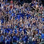 Fans, many wearing Toronto Blue Jays&rsquo; blue shirts, stand as a &ldquo;wave&rdquo; rolls through the stadium in the seventh inning of a baseball game against the Seattle Mariners, Sunday, June 11, 2017, in Seattle. (AP Photo/Elaine Thompson)