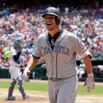 Seattle Mariners&rsquo; Danny Valencia smiles as he jogs to the dugout after hitting a two-run home run off a pitch from Texas Rangers&rsquo; Yu Darvish in the first inning of a baseball game, Sunday, June 18, 2017, in Arlington, Texas. (AP Photo/Tony Gutierrez)