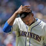 Seattle Mariners starting pitcher Ariel Miranda leaves a baseball game after being relieved in the eighth inning against the Houston Astros, Sunday, June 25, 2017, in Seattle. (AP Photo/Elaine Thompson)