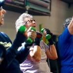 At Snohomish Fitness Center, Richard Striker, of Edmonds (left), Donna Thorp, of Lynnwood, and Rebecca Long, of Snohomish, enjoy some lighter conversation with a slightly heavier boxing workout, including hand weights. The boxing workout is sponsored by a nonprofit at the fitness center for people who suffer from Parkinson&rsquo;s disease. (Dan Bates / The Herald)
