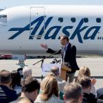 Alaska Airlines CEO Brad Tilden talks during the groundbreaking ceremony for the new Paine Field passenger terminal on Monday in Everett. (Andy Bronson / The Herald)