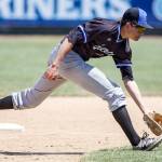 The Merchants&rsquo; Connor O&rsquo;Brien fields a ground ball during a game against the Kitsap BlueJackets on June 4, 2017, at Everett Memorial Stadium. (Kevin Clark / The Herald)