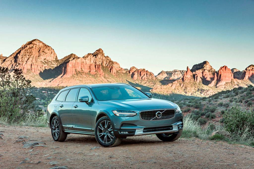 The 2017 Volvo V90 Cross Country is a variation of the V90 wagon, designed for off- pavement capability. It can handle muddy, potholed dirt roads too rough for the standard V90 wagon. (Manufacturer photo)