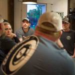 Owner/brewers Bryant Castle (center) and David Jez (right) chat with friends in the main room of Haywire Brewing Co. on May 23 in Snohomish. (Andy Bronson / The Herald)