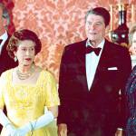 This June 10, 1984 photo shows Britain&rsquo;s Queen Elizabeth II (second left) standing with,West German Chancellor Helmut Kohl (left), U.S. President Ronald Reagan (second right), and Britain&rsquo;s Prime Minister Margaret Thatcher at London&rsquo;s Buckingham Palace, prior to a dinner for summit leaders. (AP Photo, file)