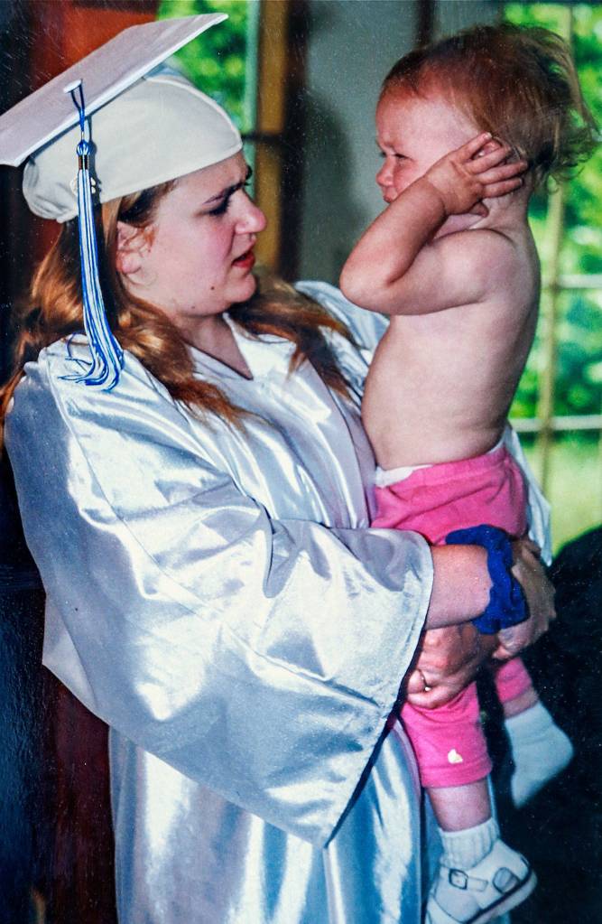 Crystal Scholl with her daughter Dakota Mowry before she graduated from AIM High School in 2000. Baby Dakota was cared for in the Snohomish school&rsquo;s child-care center. Now 18, Mowry graduated from AIM June 8. (Courtesy Crystal Scholl)