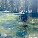 In this June 15 photo, Jake Gustafson crosses wading chest-deep in still waters with his backpack over his head at Evolution Creek along the Pacific Crest Trail near Kings Canyon National Park, California. (Wesley Tils via AP)