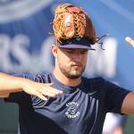 Dave Ellington loosens up during the Aquasox&rsquo;s first day of training at Everett Memorial Stadium in Everett on June 11, 2017. (Kevin Clark / The Herald)