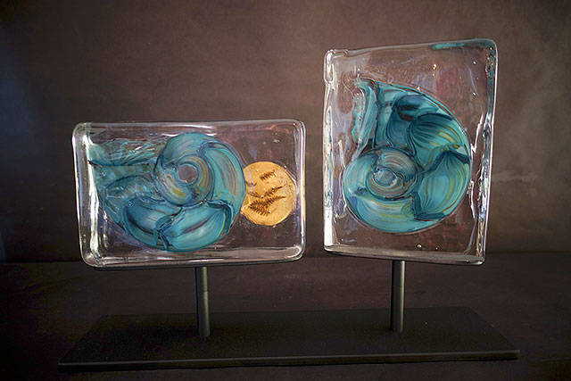 &ldquo;(R)evolutions&rdquo; is a series of glass blocks containing glass cephalopod shells. The blocks can be turned to view both sides of the shell.
