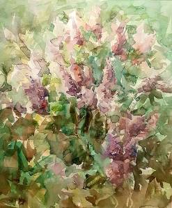 Through June 30 at The Sisters in Everett, see romantic realist and plein air watercolors by Yury Konyshev, including this floral painting.