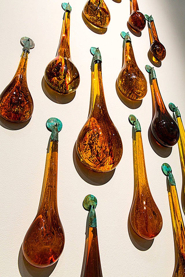 Among the O&rsquo;Dell installations at MoNA will be &ldquo;Remain(s) - a series of amberlike glass drops inspired by ancient amber that preserved insect wings and leaf pieces.