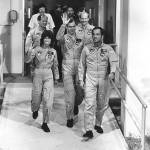 The crew of space shuttle Challenger, including first American woman in space Sally Ride, leaves for boarding at Kennedy Space Center in Florida on June 18, 1983. (Associated Press archive)