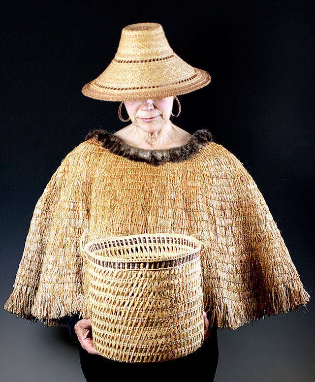 Cedar textiles displayed at the Schack include a hat by Merle Andersen, a basket by Delores Churchill and a canoe cape by Holly Churchill, all shown courtesy of the Kovalik Family Collection. (Photo by Jan Hopkins)