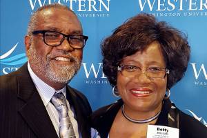 Betty Cobbs, principal of Everett&rsquo;s Woodside Elementary School, with her husband Zebedee Cobbs at a Western Washington University celebration in May. The Woodside principal was among WWU&rsquo;s 2017 Distinguished Alumni & Recognition Award recipients. She received the Woodring College of Education Alumni Award. (Courtesy Everett School District)