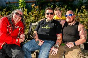 Phoenix Benner, left, Adair and Tiko Gearhart and son, Micah, 6, get together Monday in Marysville. Benner and others started the SnoHomo Pride Festival, a first-ever local event for LGBTQ people and their friends, families and allies. The free, family-friendly event will be held July 23 at Everett&rsquo;s American Legion Park. (Dan Bates / The Herald)
