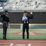 Former Snohomish resident turned supermodel Chrissy Teigen and her musician husband John Legend, holding their baby Luna, threw out the first ceremonial pitch at Tuesday&rsquo;s Seattle Mariners game. (Ben VanHouten / Seattle Mariners)