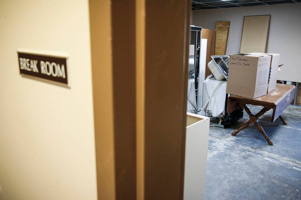 The break room is seen with water damage. (Ian Terry / The Herald)