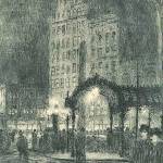 Pioneer Square at night in 1912 is the subject of this etching on paper by Paul Morgan Gustin.