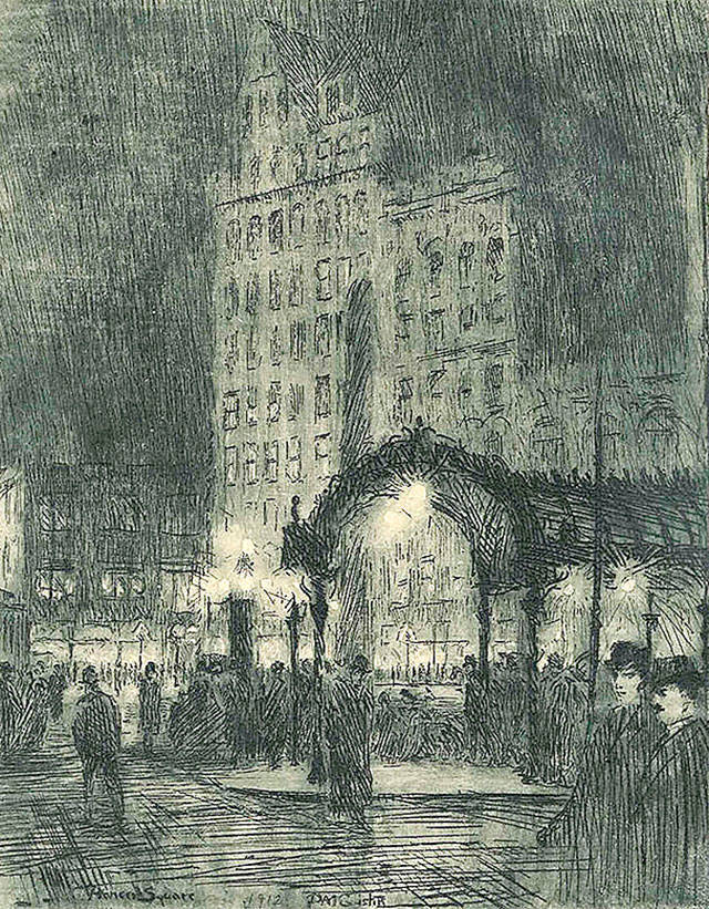 Pioneer Square at night in 1912 is the subject of this etching on paper by Paul Morgan Gustin.
