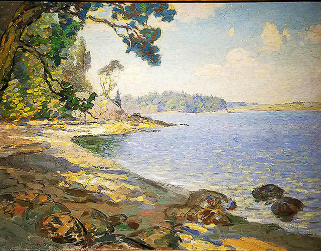 From around 1915, this oil on canvas by Gustin depicts the beach in June at Penn Cove on Whidbey Island.
