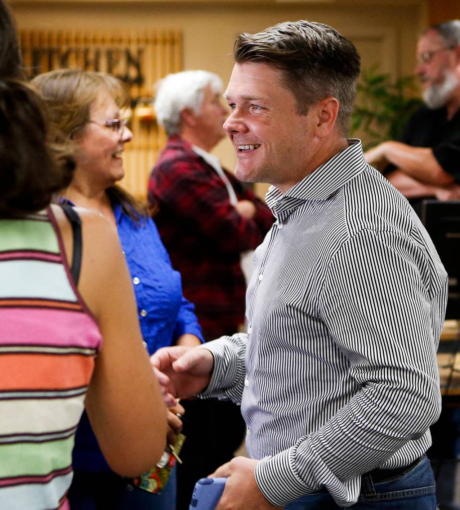 Everett mayoral candidate Shean Nasin at a public event held at Grow Washington in Everett on July 19. (Ian Terry / The Herald)