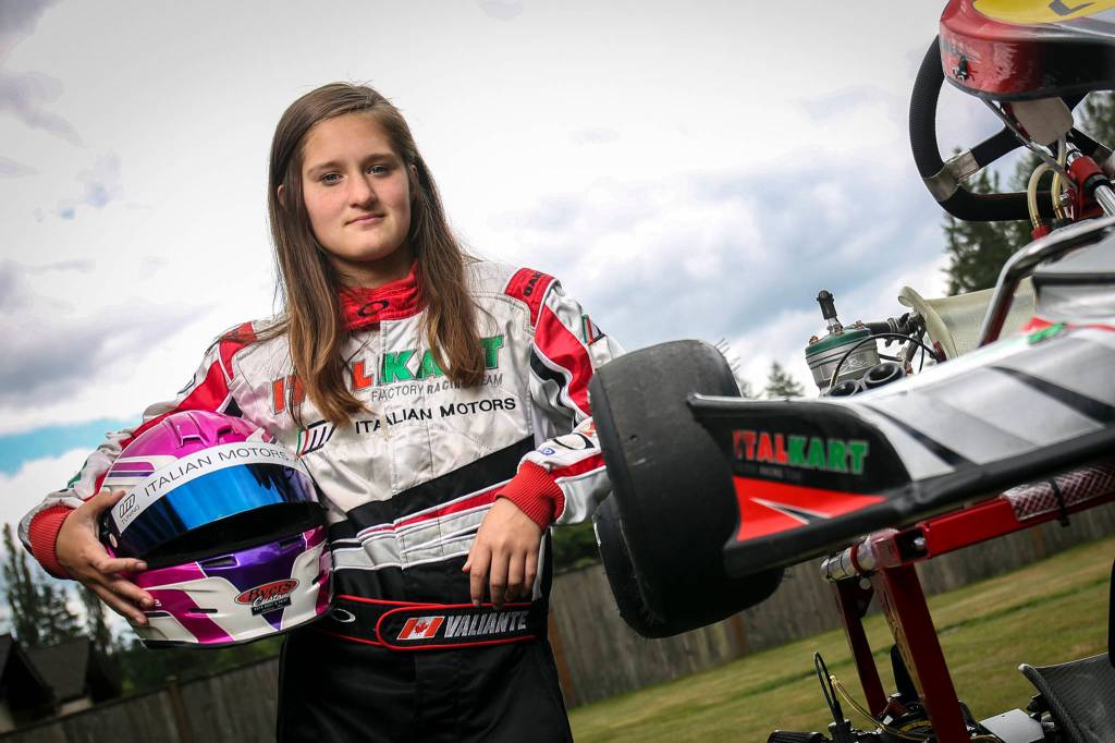 Ellie Musgrave, 14, of Snohomish, is a top driver in on the go-kart circuit. (Kevin Clark / The Herald)