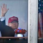 President Trump waves to spectators at the U.S. Women&rsquo;s Open Golf tournament Saturday in Bedminster, New Jersey. (AP Photo/Seth Wenig)