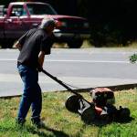 David, who asked not to include his last name, works at Serenity House in Port Angeles on July 3, as part of the nonprofit&rsquo;s program aimed at putting panhandlers to work. (Jesse Major / Peninsula Daily News)
