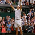 Switzerland&rsquo;s Roger Federer celebrates after defeating Croatia&rsquo;s Marin Cilic to win the Men&rsquo;s Singles final match on day thirteen at the Wimbledon Tennis Championships in London Sunday, July 16, 2017. (AP Photo/Alastair Grant)