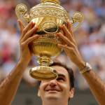 Switzerland&rsquo;s Roger Federer holds the trophy after beating Croatia&rsquo;s Marin Cilic in the Men&rsquo;s Singles final match on day thirteen at the Wimbledon Tennis Championships in London Sunday, July 16, 2017. (AP Photo/Alastair Grant)