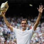 Switzerland&rsquo;s Roger Federer celebrates with the trophy after beating Croatia&rsquo;s Marin Cilic in the Men&rsquo;s Singles final match on day thirteen at the Wimbledon Tennis Championships in London Sunday, July 16, 2017. (Daniel Leal-Olivas/Pool Photo via AP)