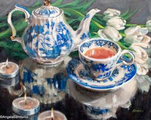 Angela Bandurka&rsquo;s acrylic painting &ldquo;Reflecting Over Tea&rdquo; is part of the Reflections show on now at the Cole Gallery in Edmonds.