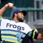 AquaSox starter Anjul Hernandez throws a pitch against the Hawks on July 21, 2017, at Everett Memorial Stadium. (Kevin Clark / The Herald)