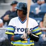 The AquaSox&rsquo;s Ronald Rosario bats against the Hawks during a game July 21, 2017, at Everett Memorial Stadium. (Kevin Clark / The Herald)