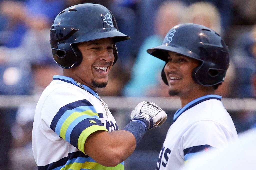 The AquaSox&rsquo;s Joseph Rose makes his way to the dugout after scoring on a Boise error on July 21, 2017, at Everett Memorial Stadium. (Kevin Clark / The Herald)
