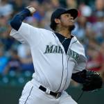 Mariners starting pitcher Felix Hernandez throws against the Red Sox in the first inning of a game July 25, 2017, in Seattle. (AP Photo/Ted S. Warren)